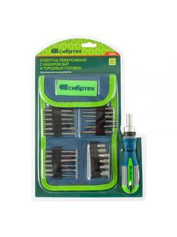 Отвертка реверсивная с набором бит и торцевых головок, 25 шт, CrV, чехол Сибртех