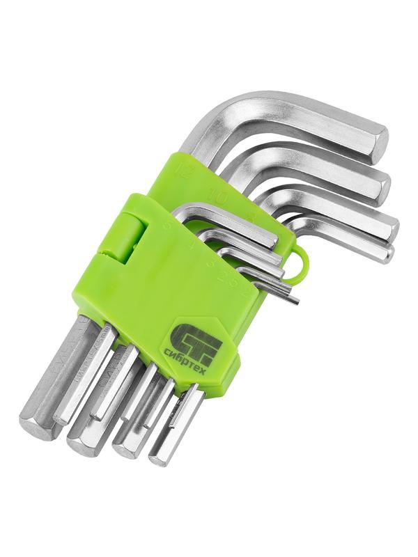 Набор ключей имбусовых HEX, 2-12 мм, 45x, закаленные, 9 шт, короткие, никель Сибртех