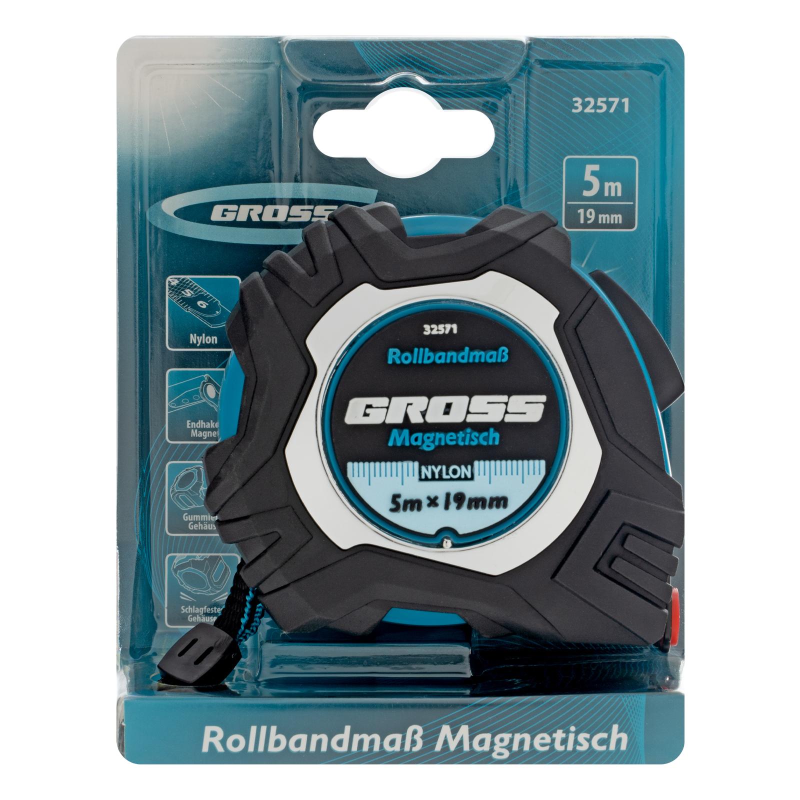 Рулетка измерительная Gross Magnetisch 32571 обрезиненный корпус, автоматическая фиксация, нейлоновое покрытие, зацеп с магнитом 5 м х 19 мм.