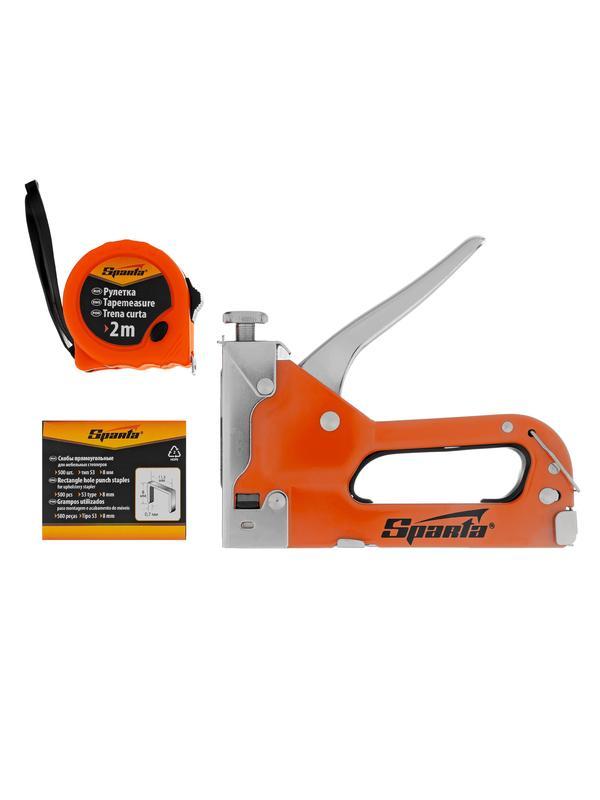 Набор: степлер мебельный регулируемый, скобы 500 шт, рулетка 2 м, тип скобы 53, 4-14 мм Sparta