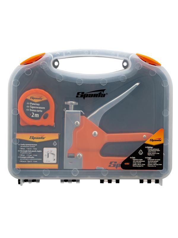 Набор: степлер мебельный регулируемый, скобы 500 шт, рулетка 2 м, тип скобы 53, 4-14 мм Sparta