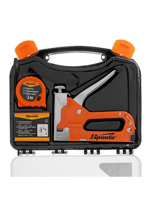 Набор: степлер мебельный регулируемый, скобы 500 шт, рулетка 2 м, тип скобы 53, 4-14 мм Sparta