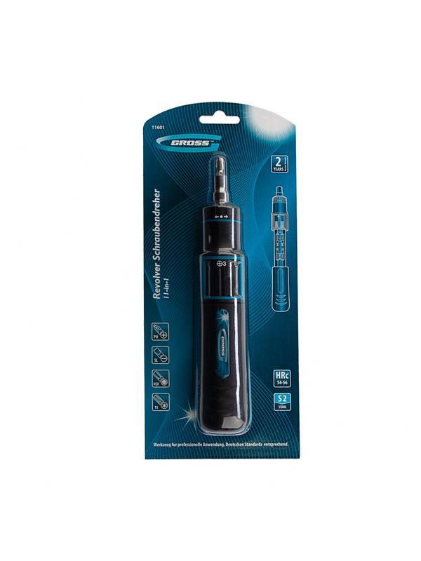 Отвертка реверсивная с револьверным механизмом, 11 шт, сталь S2 Gross