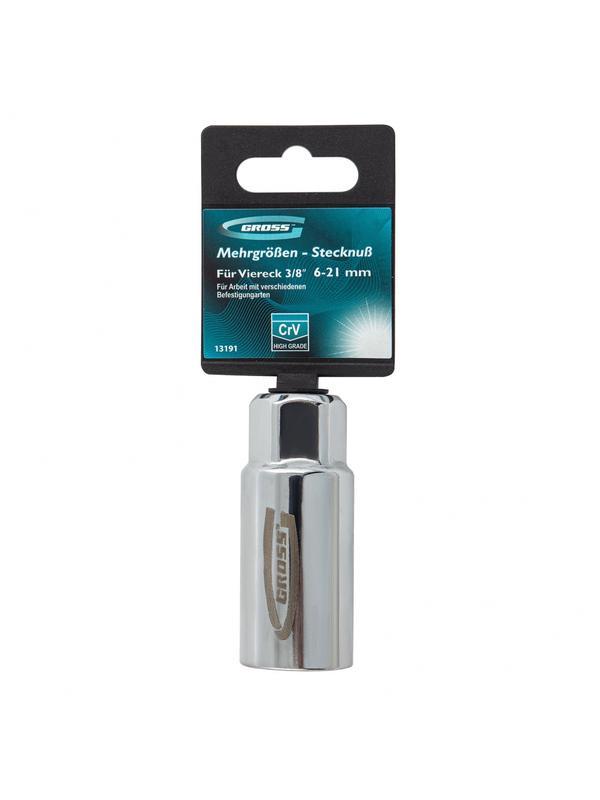 Головка торцевая многоразмерная, CrV, 6-21 мм, под квадрат 3/8, CrV, хромированная Gross