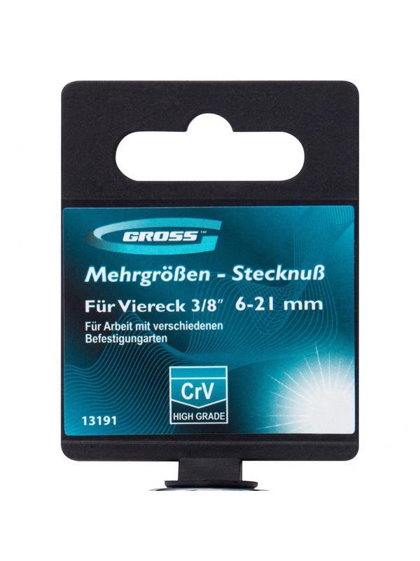 Головка торцевая многоразмерная, CrV, 6-21 мм, под квадрат 3/8, CrV, хромированная Gross