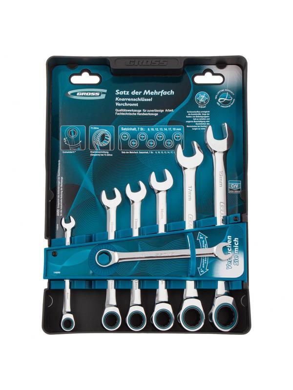 Набор ключей комбинированных с трещоткой, 8-19 мм, 7 шт, CrV Gross