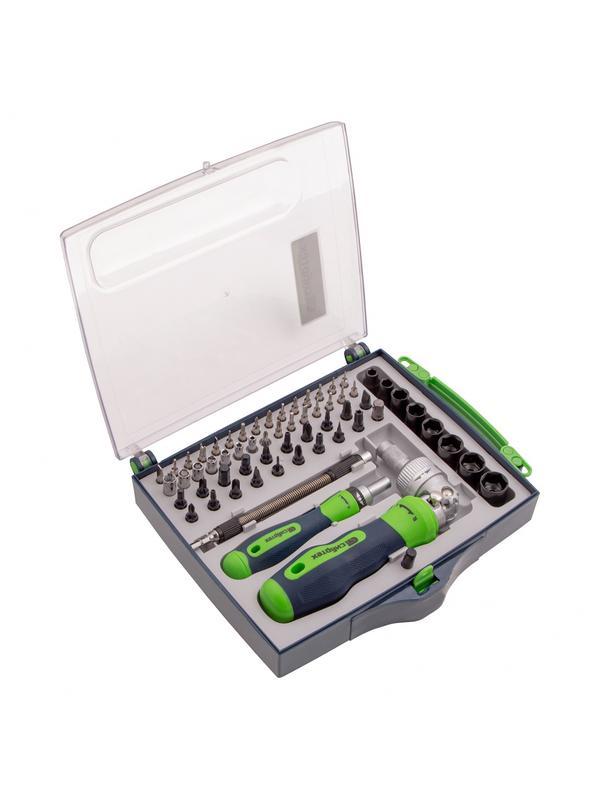 Отвертки реверсивные с набором бит, торцевых головок, 61 предмет, CrV Сибртех