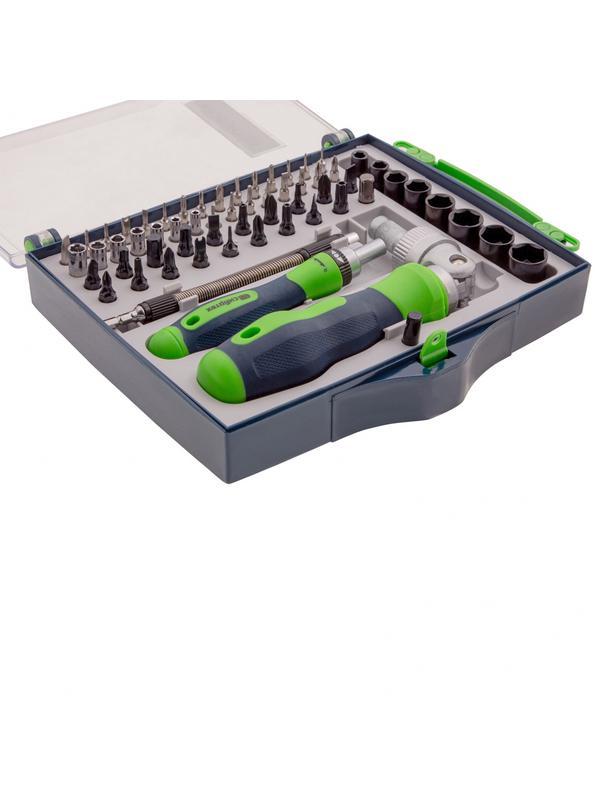 Отвертки реверсивные с набором бит, торцевых головок, 61 предмет, CrV Сибртех