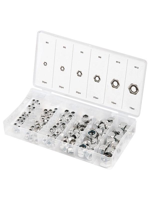 Набор гаек М4, М5, М6, М8, М10, М12, самоконтрящиеся, с Нейлоновой вставкой, 146 предметов Сибртех