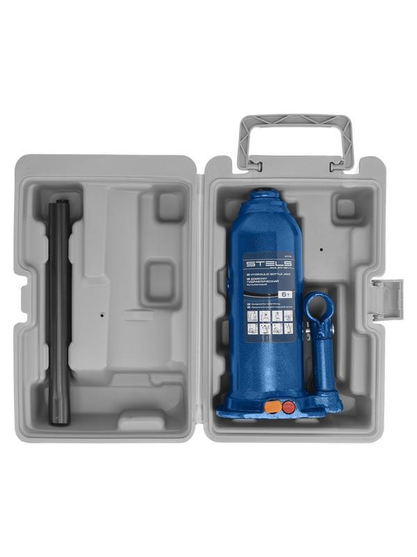 Домкрат гидравлический бутылочный, 6 т, h подъема 207-404 мм, в пластиковом кейсе Stels