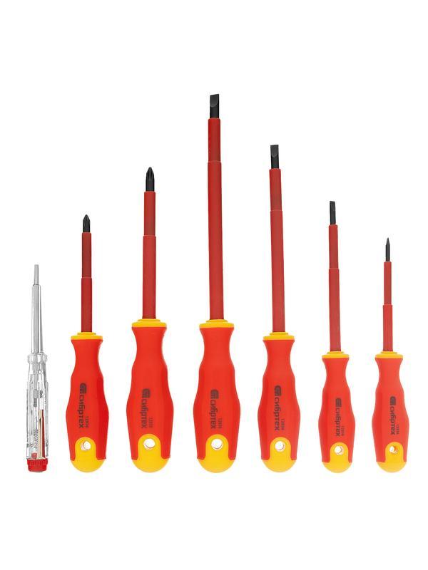 Набор отверток диэлектрических до 1000 В, 7 шт, тестер, CrV, двухкомпонентные рукоятки Сибртех