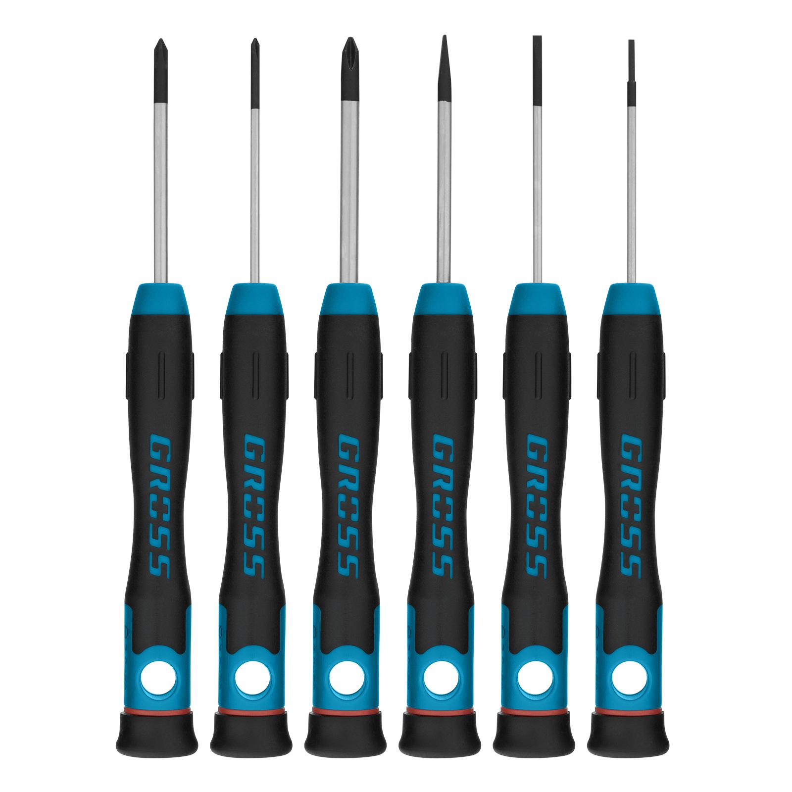 Набор отверток для точной механики, CrMo, двухкомпонентные рукоятки, 6 шт, пластиковый бокс Gross