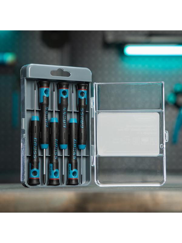 Набор отверток для точной механики, CrMo, двухкомпонентные рукоятки, 6 шт, пластиковый бокс Gross