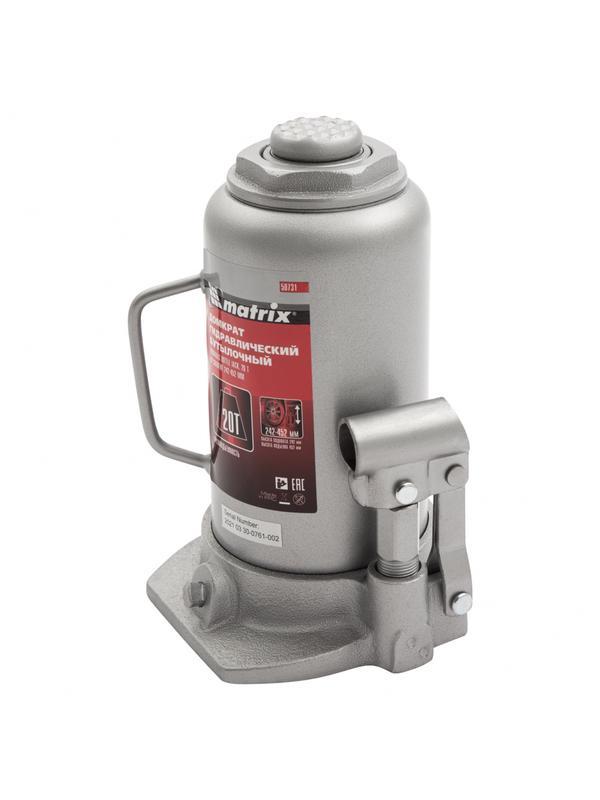 Домкрат гидравлический бутылочный, 20 т, высота подъема 242-452 мм Matrix