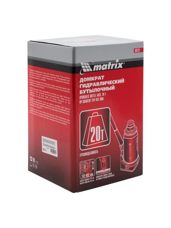 Домкрат гидравлический бутылочный, 20 т, высота подъема 242-452 мм Matrix