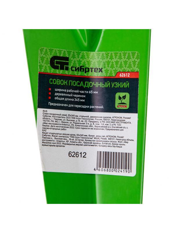 Совок посадочный узкий, 65 х 345 мм, стальной, деревянная рукоятка, Агроном, Россия, Сибртех