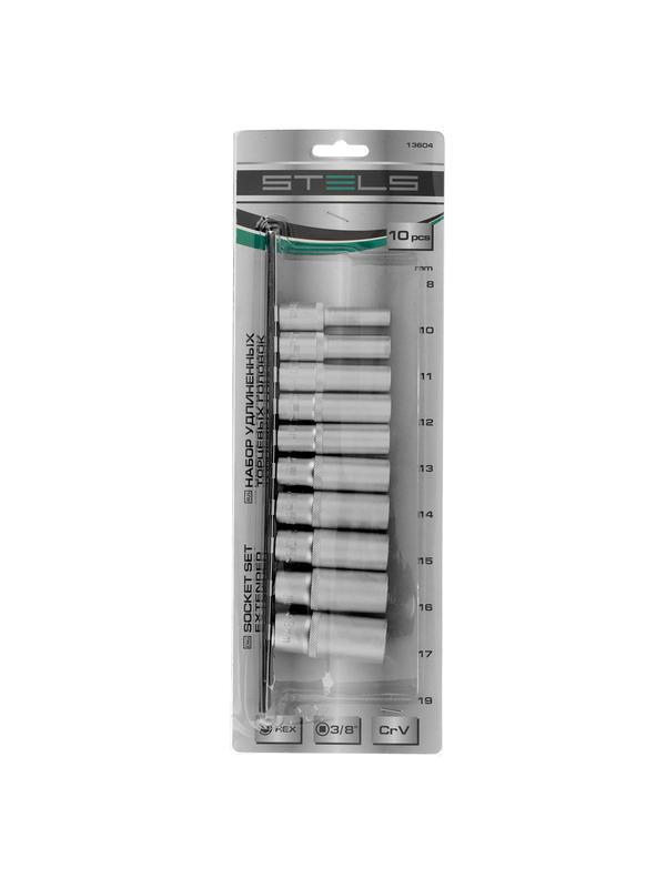 Набор удлиненных торцевых головок 3/8, шестигранные, CrV, 10 шт, 8-19 мм Stels