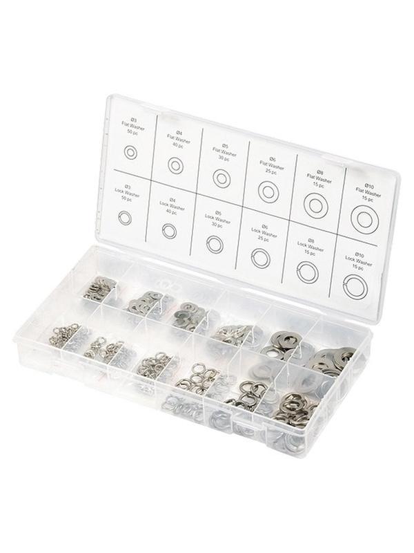 Набор шайб и гроверов, D шайб: 3, 4, 5, 6, 8, 10 мм D гроверов: 3, 4, 5, 6, 8, 10 мм, 350 предметов Сибртех