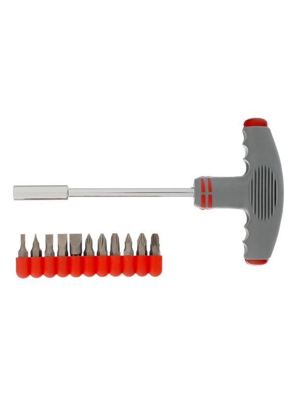 Отвертка с Т-образной эргономичной ручкой и набором бит, 11 шт, CrV Matrix