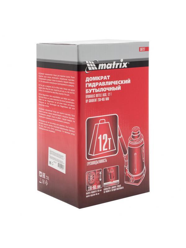 Домкрат гидравлический бутылочный, 12 т, высота подъема 230-465 мм Matrix