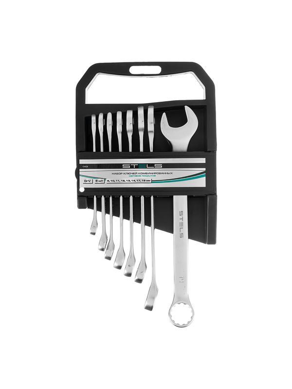 Набор ключей комбинированных, 8-19 мм, 8 шт, CrV, матовый хром Stels