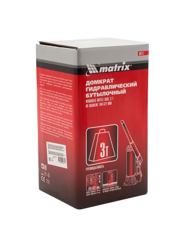 Домкрат гидравлический бутылочный, 3 т, высота подъема 194-372 мм Matrix