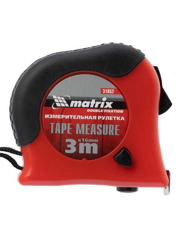 Рулетка Double fixation,3 м х 16 мм,обрезиненный корпус,двойная плавная фиксация Matrix