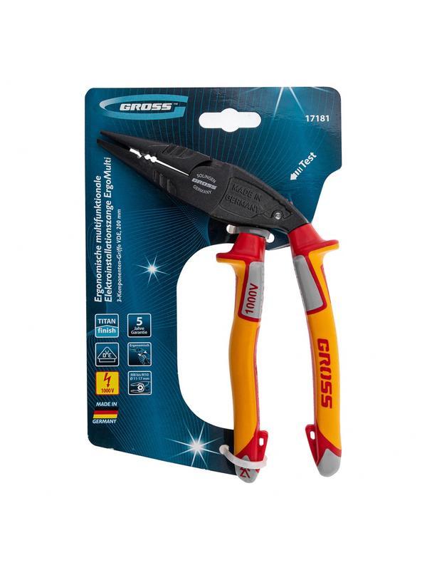 Длинногубцы с изогнутой головой, комбинированные, диэлектрические рукоятки до 1000 В, 200 мм Gross