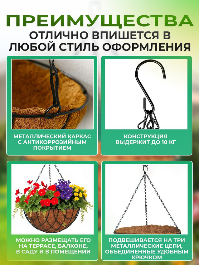 Кашпо подвесное с вкладышем из коковиты, полукруглое D 30 см Palisad