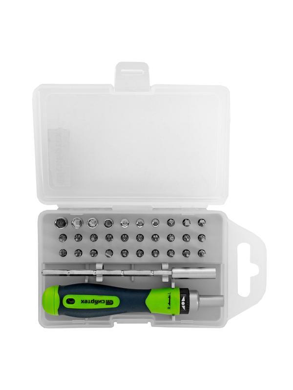 Отвертка реверсивная для точных работ с набором бит и торцевых головок, 32 предмета, CrV Сибртех