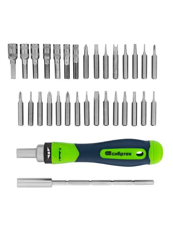 Отвертка реверсивная для точных работ с набором бит и торцевых головок, 32 предмета, CrV Сибртех