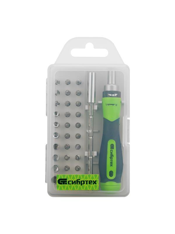 Отвертка реверсивная для точных работ с набором бит и торцевых головок, 32 предмета, CrV Сибртех