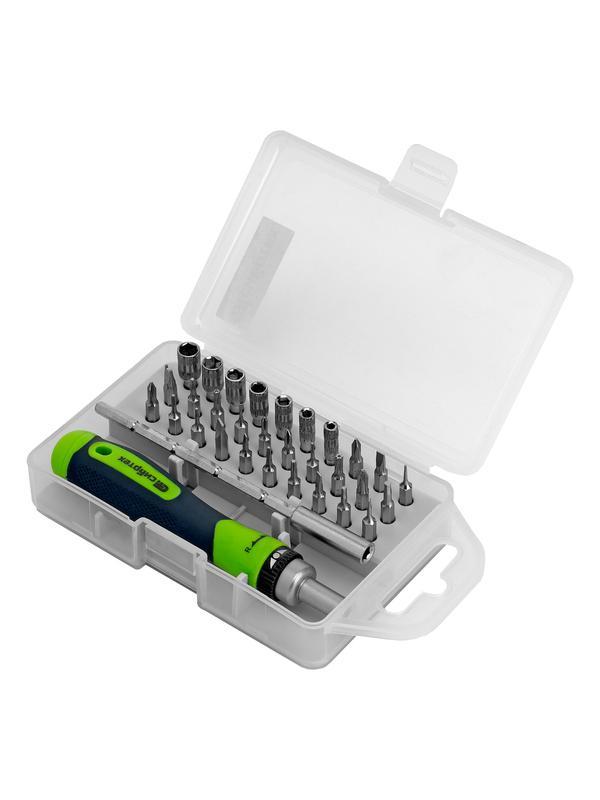 Отвертка реверсивная для точных работ с набором бит и торцевых головок, 32 предмета, CrV Сибртех