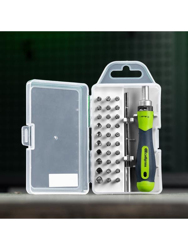 Отвертка реверсивная для точных работ с набором бит и торцевых головок, 32 предмета, CrV Сибртех