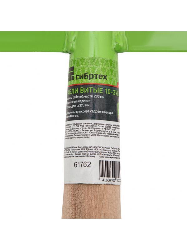 Грабли витые 10 - зубые, 200 х 390 мм, стальные, деревянная рукоятка, Агроном, Россия, Сибртех