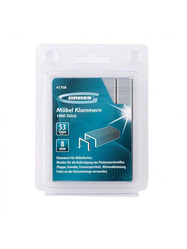 Скобы, 8 мм, для мебельного степлера, усиленные, тип 53, 1000 шт Gross