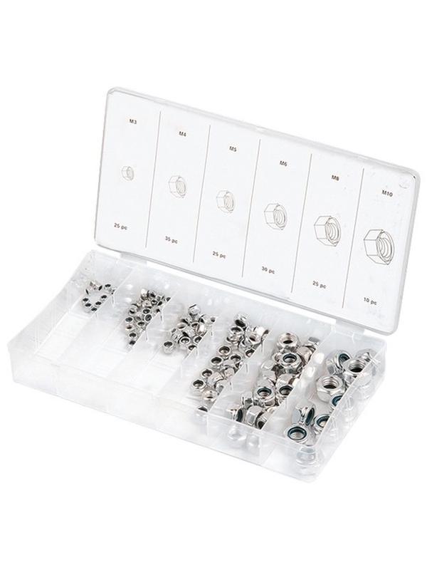 Набор гаек М5 х 0.8, М6 х 0.5, М6 х 1, М8 х 1.25, М10 х 1.25, М12 х 1.5 мм, 150 предмет Сибртех