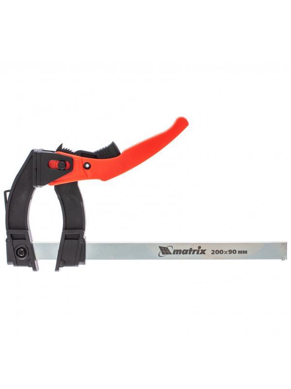 Струбцина реечная быстрозажимная, пластиковый корпус рычажно-храповой механизм, 200 х 90 х 290 мм, штанга 5 х 20 мм Matrix
