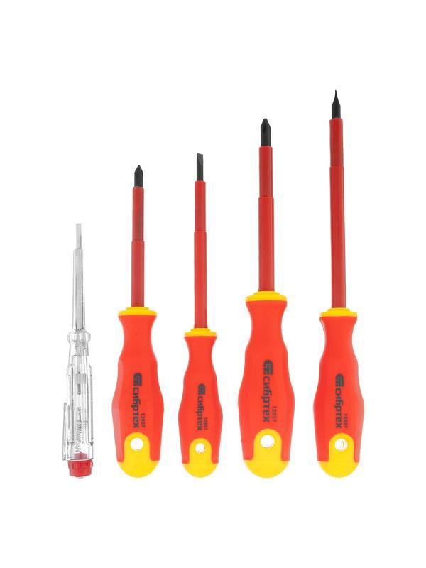 Набор отверток диэлектрических до 1000 В, 5 шт, тестер, CrV, двухкомпонентные рукоятки Сибртех