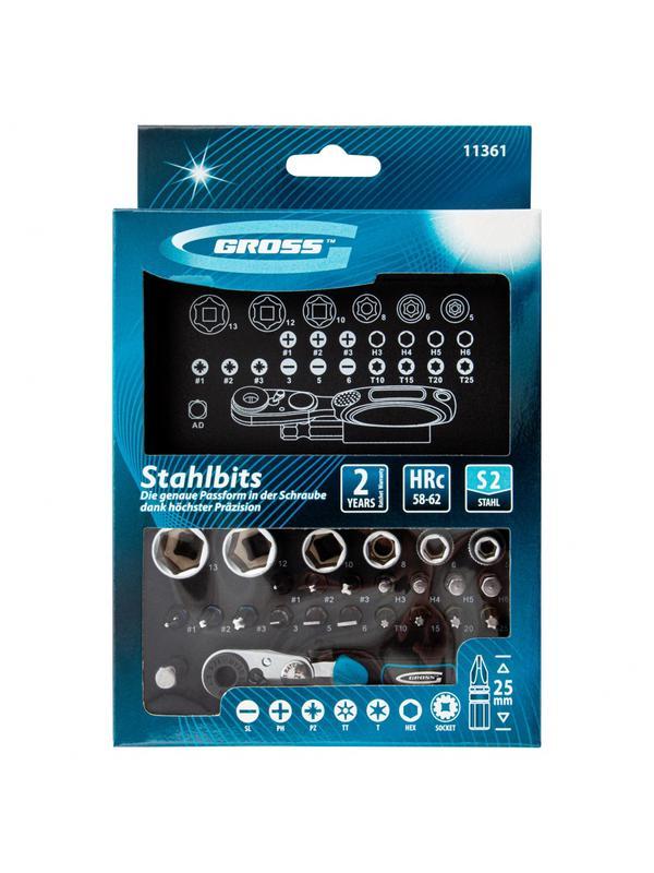 Набор бит и головок торцевых, 1/4, магнитный адаптер, сталь S2, пластиковый кейс, 26 предметов Gross