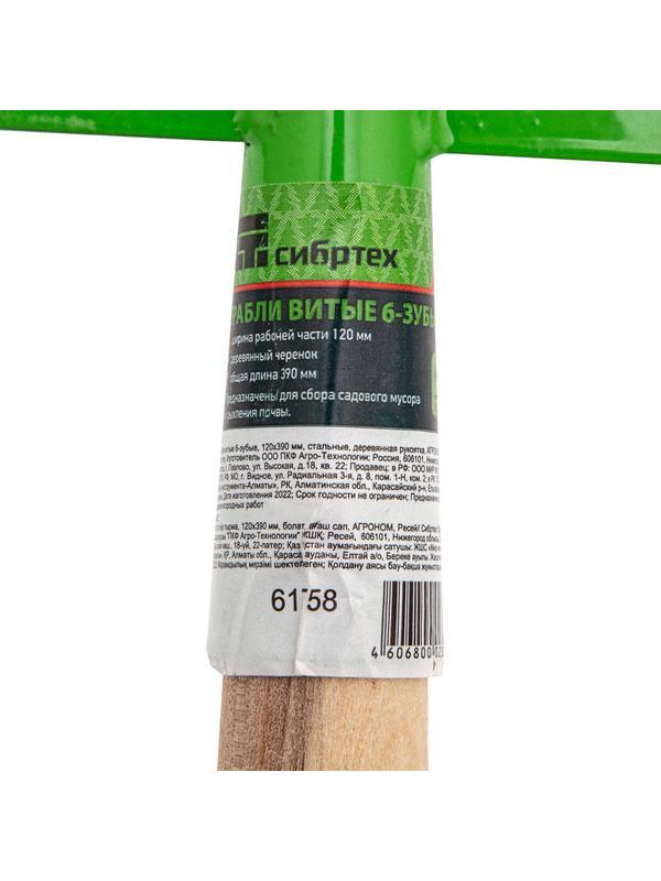 Грабли витые 6 - зубые, 120 х 390 мм, стальные, деревянная рукоятка, Агроном, Россия, Сибртех