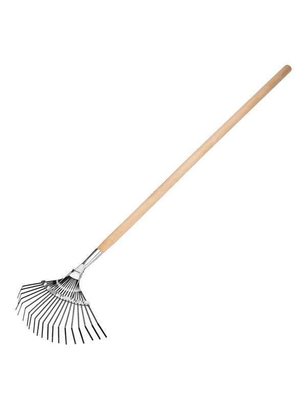 Грабли веерные стальные, 385 х 1450 мм, 20 плоских зубьев, деревянный черенок, Россия, Сибртех