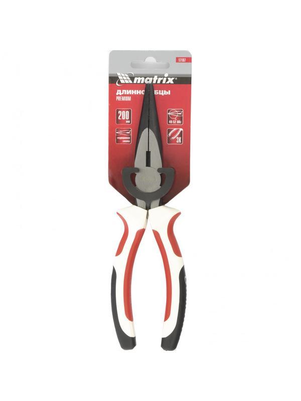Длинногубцы прямые Premium, 200 мм, трехкомпонентные рукоятки Matrix