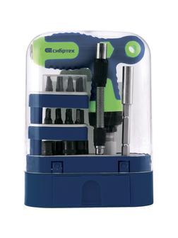 Отвертка Т-образная реверсивная с набором бит, торцевых головок, 33 предмета, CrV Сибртех