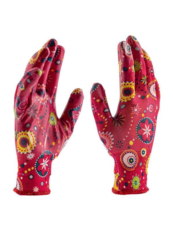 Перчатки садовые из полиэстера с нитрильным обливом, красные, S Palisad