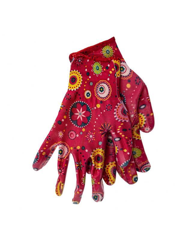 Перчатки садовые из полиэстера с нитрильным обливом, красные, S Palisad