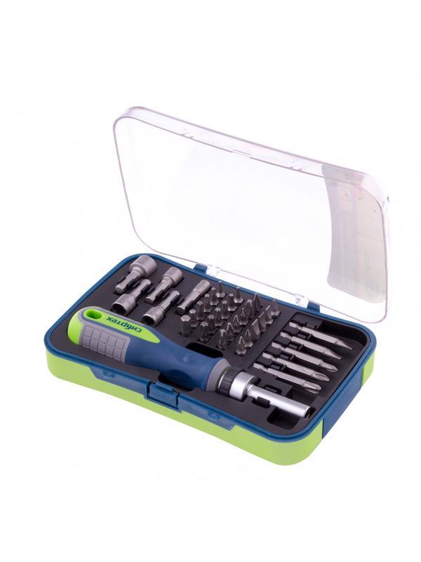 Отвертка реверсивная с набором бит и торцевыми головками, 35 шт, CrV Сибртех