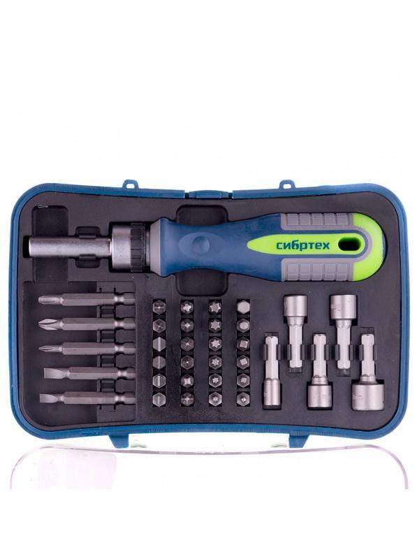 Отвертка реверсивная с набором бит и торцевыми головками, 35 шт, CrV Сибртех