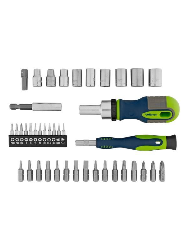 Отвертки реверсивные с набором бит и торцевыми головками, 41 шт, CrV Сибртех