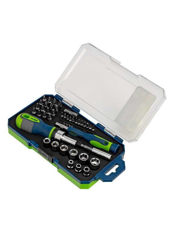 Отвертки реверсивные с набором бит и торцевыми головками, 41 шт, CrV Сибртех